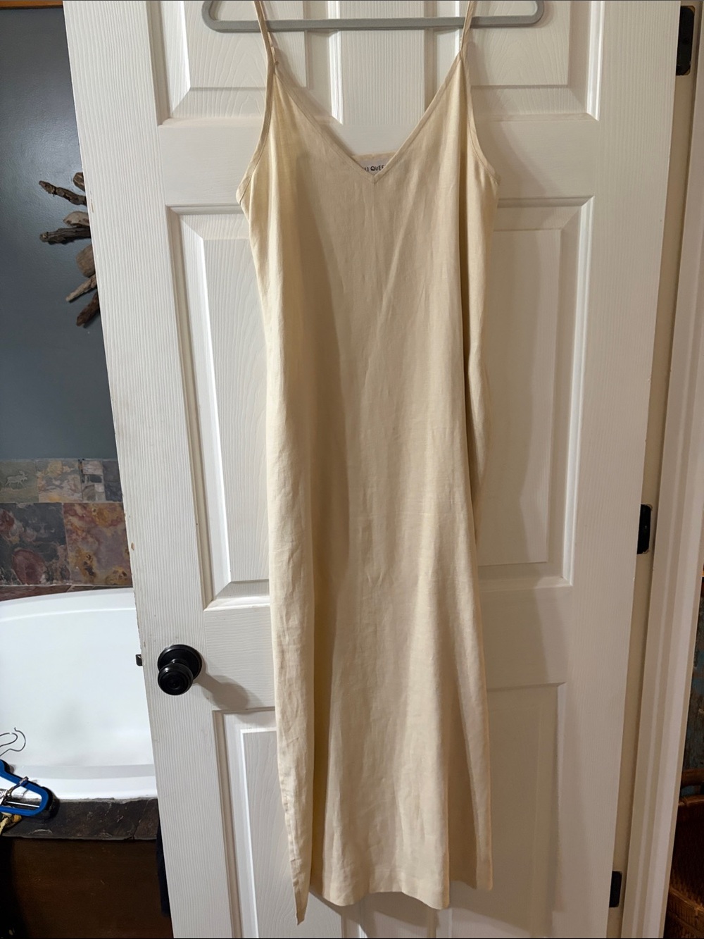 Linen Cream Slip Maxi Dress with Spaghetti Straps AND Pockets!!